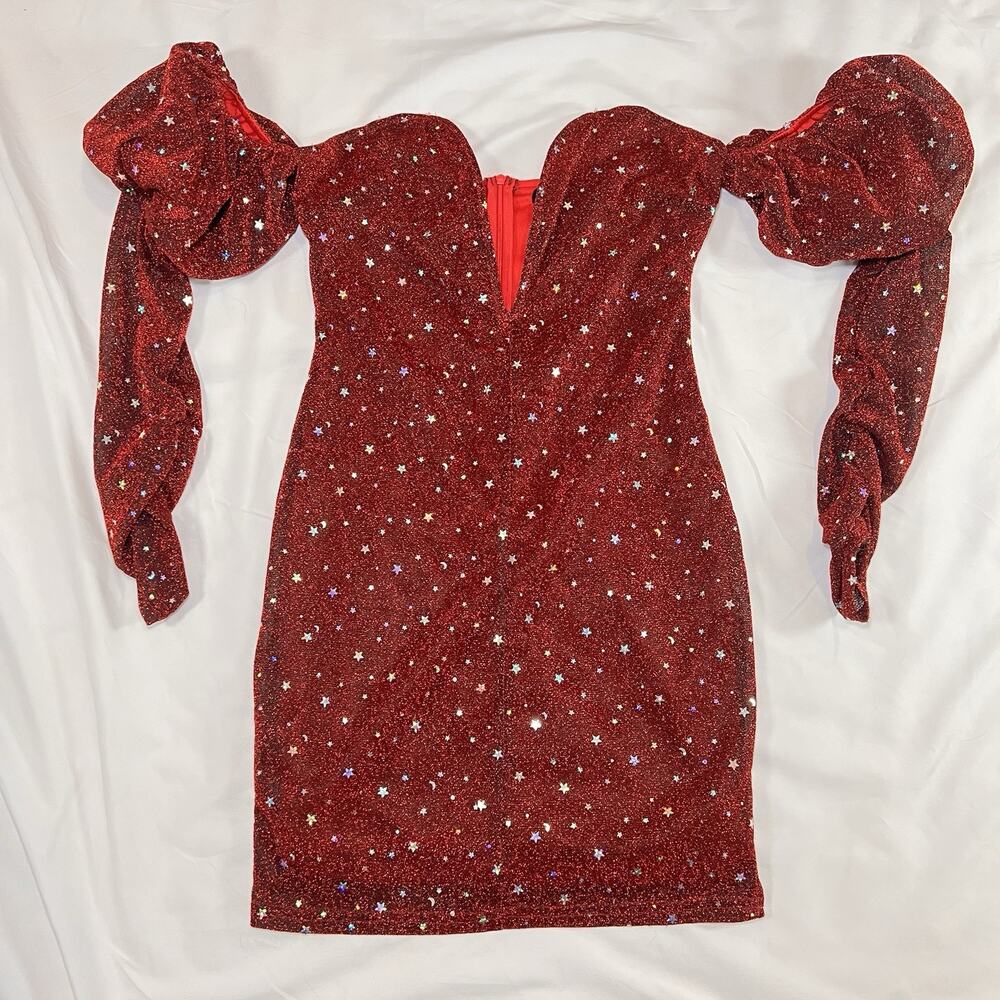Double Crazy Red Glitter Star Moon Mini Dress Size S Puff Sleeve Celestial Party